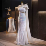 Luxury Mermaid One Shoulder Long Sequin White Prom Dress HZ1024
