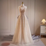 Luxury A line High Neckline Long Sequin Champagne Prom Dress HZ1024