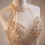 Luxury A line High Neckline Long Sequin Champagne Prom Dress HZ1024