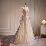 Luxury A line High Neckline Long Sequin Champagne Prom Dress HZ1024