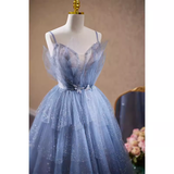 Luxury A line Straps Long Sequin Blue Prom Dress HZ1024