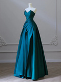 A-Line Satin Dark Green Long Prom Dress HZ1024