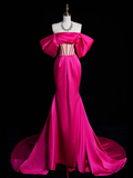 Simple Off Shoulder Mermaid Rose Red Long Prom Dress HZ1024