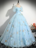 Vintage Ball Gown Blue Lace Long Sweet 16 Dress HZ1024
