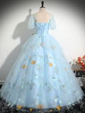 Vintage Ball Gown Blue Lace Long Sweet 16 Dress HZ1024