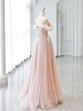 A-Line Sweetheart Neck Off Shoulder Tulle Pink Long Prom Dress HZ1024
