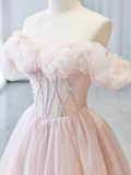 A-Line Sweetheart Neck Off Shoulder Tulle Pink Long Prom Dress HZ1024