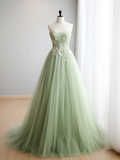 A-Line Sweetheart Neck Tulle Lace Applique Green Long Prom Dress HZ1024