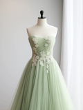 A-Line Sweetheart Neck Tulle Lace Applique Green Long Prom Dress HZ1024