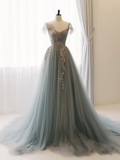 A-Line Sweetheart Neck Tulle Lace Gray Blue Long Prom Dress HZ1024