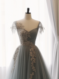 A-Line Sweetheart Neck Tulle Lace Gray Blue Long Prom Dress HZ1024