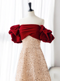 Champagne A-Line velvet Long Red Sequin Prom Dress HZ1024
