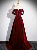 A-Line Velvet Burgundy Long Prom Dress HZ1024