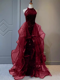 Sparkly Sheath Burgundy Sequin Long Prom Dress Party Dresses HZ1022