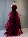 Sparkly Sheath Burgundy Sequin Long Prom Dress Party Dresses HZ1022