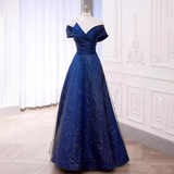 A-Line Off The Shoulder Royal Blue Sequin Long Prom Dress HZ1024