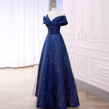 A-Line Off The Shoulder Royal Blue Sequin Long Prom Dress HZ1024