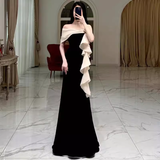 Simple Mermaid Strapless Velvet Black Long Prom Dress HZ1024
