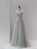 Sparkly A Line High Neckline Silver Sequin Long Prom Dress HZ1024