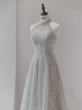 Sparkly A Line High Neckline Silver Sequin Long Prom Dress HZ1024