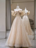 Sparkly A Line Off The Shoulder Champagne Sequin Long Prom Dress HZ1024