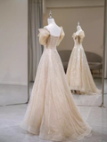 Sparkly A Line Off The Shoulder Champagne Sequin Long Prom Dress HZ1024