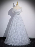 Sparkly A Line Off The Shoulder Silver Gray Feathers Long Prom Dress HZ1024