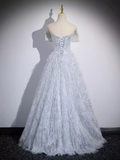 Sparkly A Line Off The Shoulder Silver Gray Feathers Long Prom Dress HZ1024