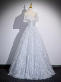 Sparkly A Line Off The Shoulder Silver Gray Feathers Long Prom Dress HZ1024