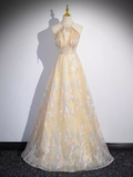 Sparkly A Line High Neckline Champagne Long Prom Dress HZ1024