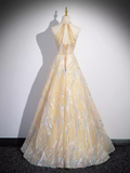 Sparkly A Line High Neckline Champagne Long Prom Dress HZ1024