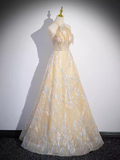 Sparkly A Line High Neckline Champagne Long Prom Dress HZ1024