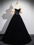 A-Line Black Velvet Long Prom Dress HZ1024