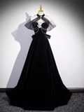 Simple A line High Neckline Velvet Black Long Prom Dress HZ1024
