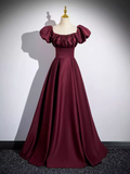 Simple A line Strapless Satin Burgundy Long Prom Dress HZ1024