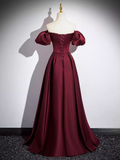 Simple A line Strapless Satin Burgundy Long Prom Dress HZ1024