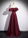 Simple A line Strapless Satin Burgundy Long Prom Dress HZ1024