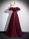 Simple A line Strapless Satin Burgundy Long Prom Dress HZ1024