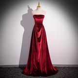 Simple A line Strapless Velvet Burgundy Long Prom Dress HZ1024