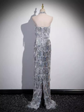 Sexy Sheath Strapless Sequin Silver Long Prom Dress HZ1024