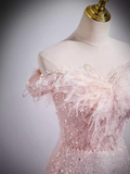 Sparkly A Line Off The Shoulder Pink Long Prom Dress HZ1024