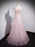 Sparkly A Line Off The Shoulder Pink Long Prom Dress HZ1024