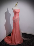 Sparkly Mermaid Strapless Pink Long Prom Dress HZ1024