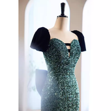 Mermaid Short Sleeves Green Sequin Long Prom Dress HZ1024