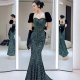 Mermaid Short Sleeves Green Sequin Long Prom Dress HZ1024
