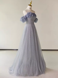 Simple A line Strapless Short Sleeves Tulle Long Prom Dress HZ1024