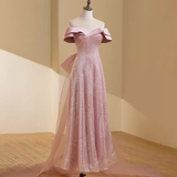 Simple A line Off The Shoulder Short Sleeves Pink Long Prom Dress HZ1024