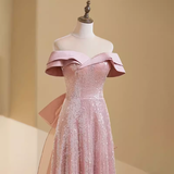 Simple A line Off The Shoulder Short Sleeves Pink Long Prom Dress HZ1024