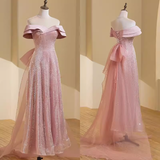 Simple A line Off The Shoulder Short Sleeves Pink Long Prom Dress HZ1024