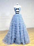 Unique Sweetheart Neck Tulle Blue Long Prom Dress HZ1024